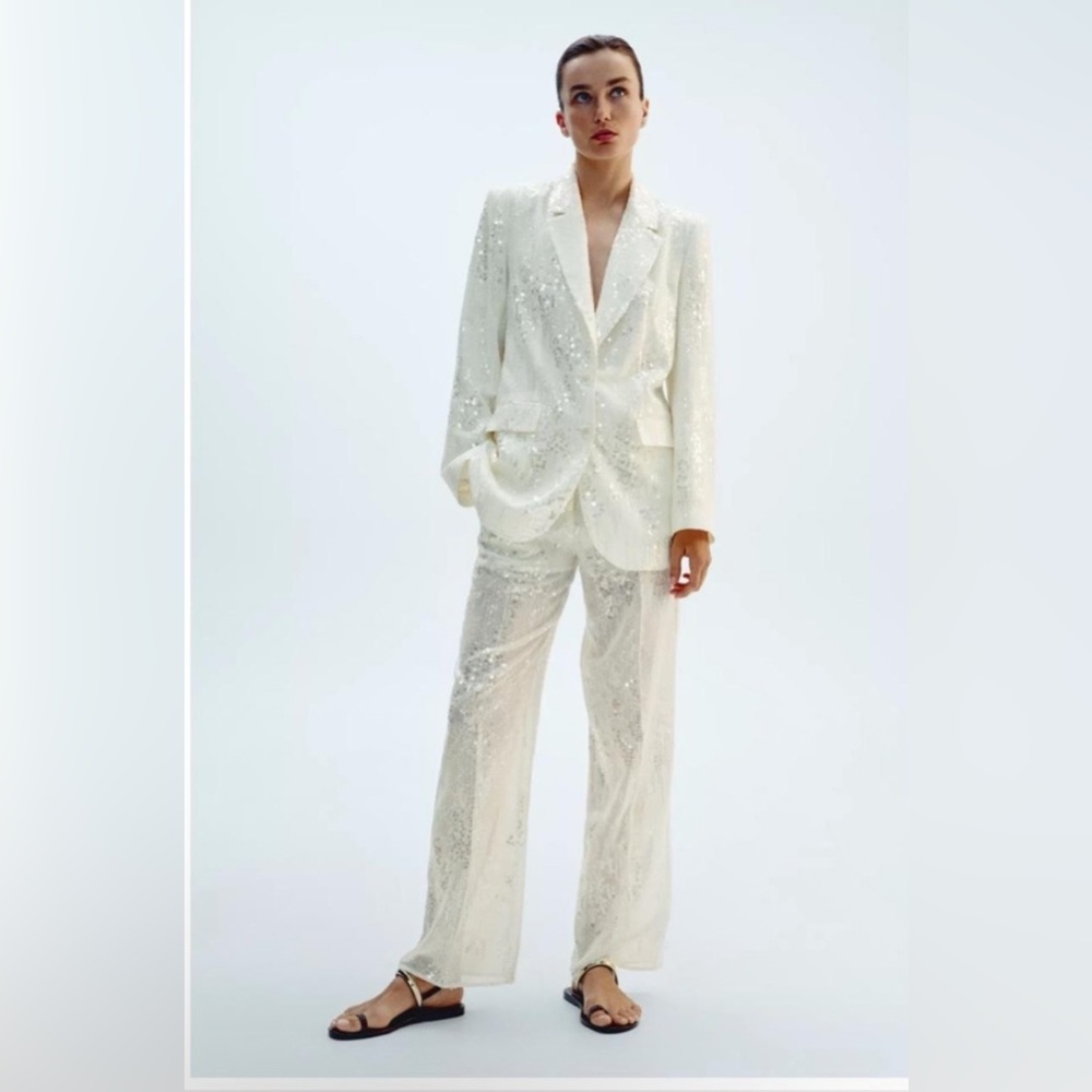 NWT ZARA ZW OYSTER SEQUIN STRAIGHT LEG PANTS size M 3424/849/251